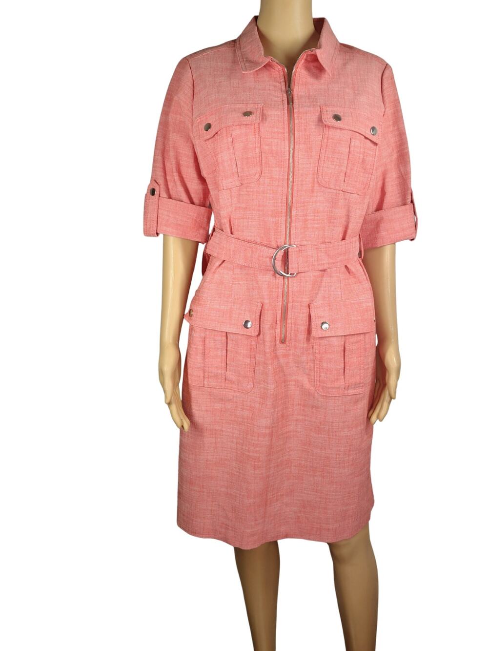 Sharagano Coral Zip-Front Utility Cargo Fold Down Collar Midi Dress Size 12
